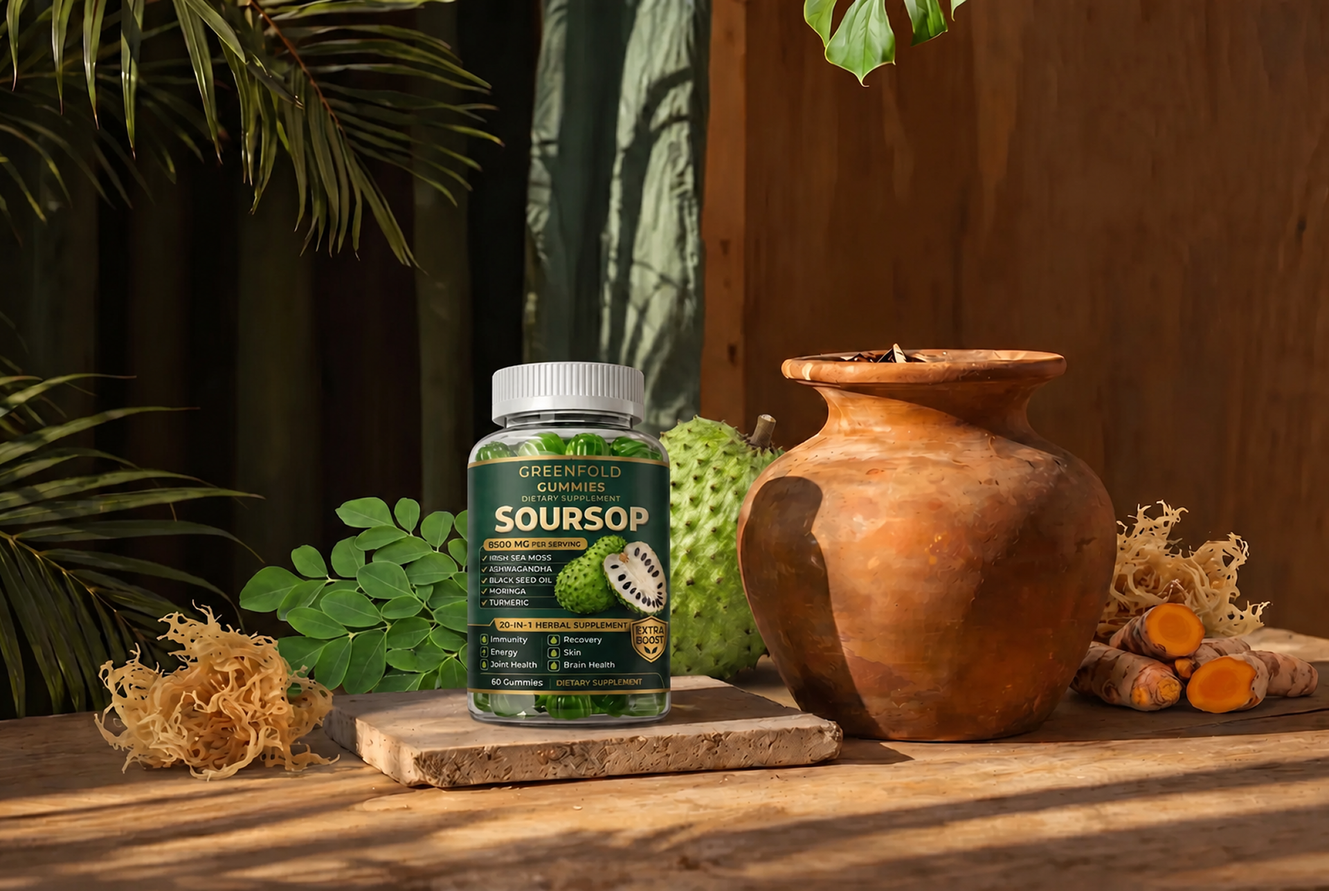 Greenfold bottle staged with soursop and herbs