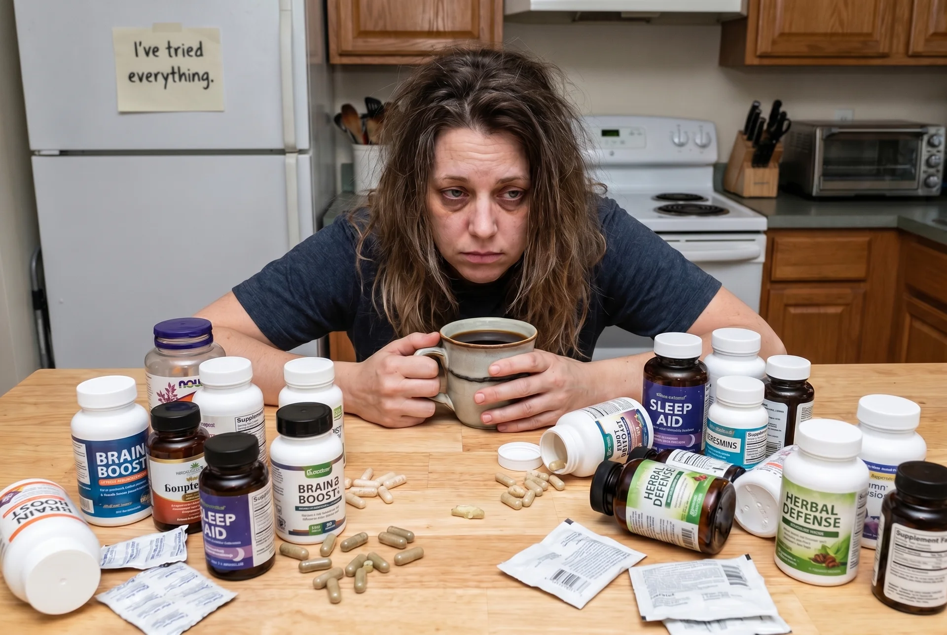Exhausted woman with supplement bottles